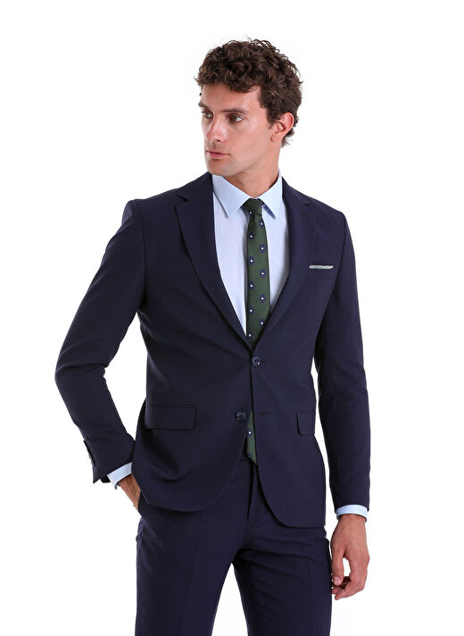 Lacivert Slim Fit Düz Mono Yaka Klasik Takım Elbise 2