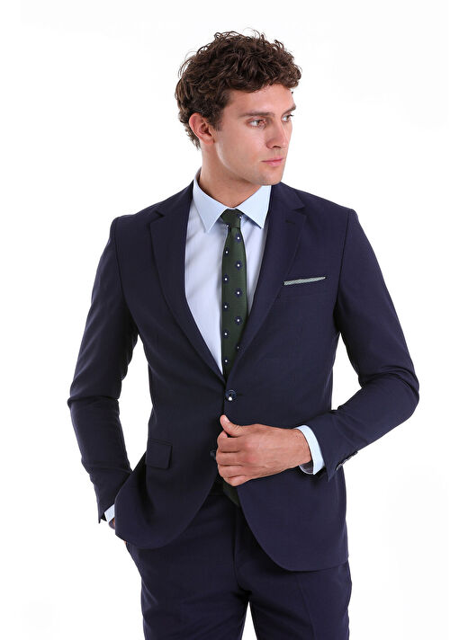 Lacivert Slim Fit Düz Mono Yaka Klasik Takım Elbise 3