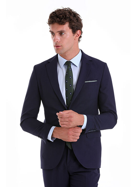 Lacivert Slim Fit Düz Mono Yaka Klasik Takım Elbise 4