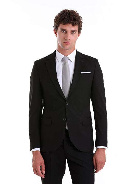 Siyah Slim Fit Düz Mono Yaka Klasik Takım Elbise 2