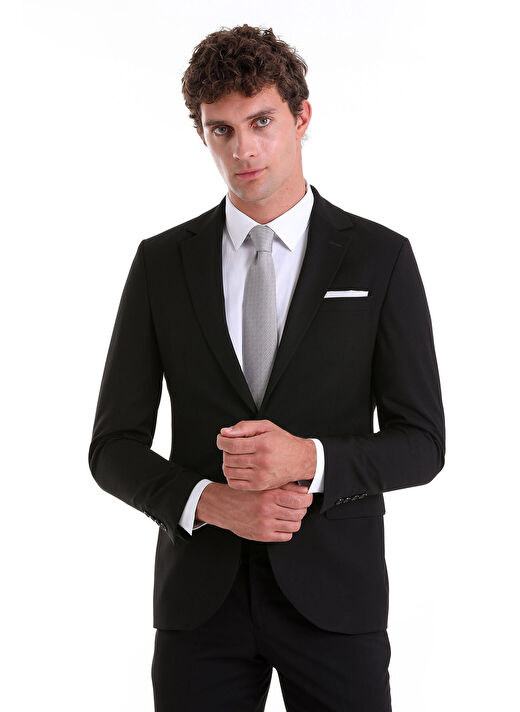 Siyah Slim Fit Düz Mono Yaka Klasik Takım Elbise 3