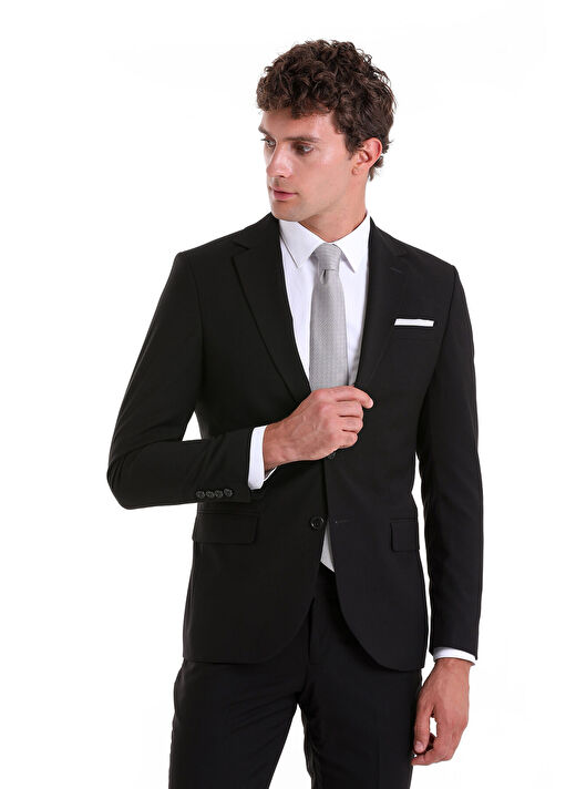 Siyah Slim Fit Düz Mono Yaka Klasik Takım Elbise 4