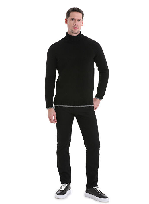 Siyah Regular Fit Düz Balıkçı Yaka Triko Kazak 2