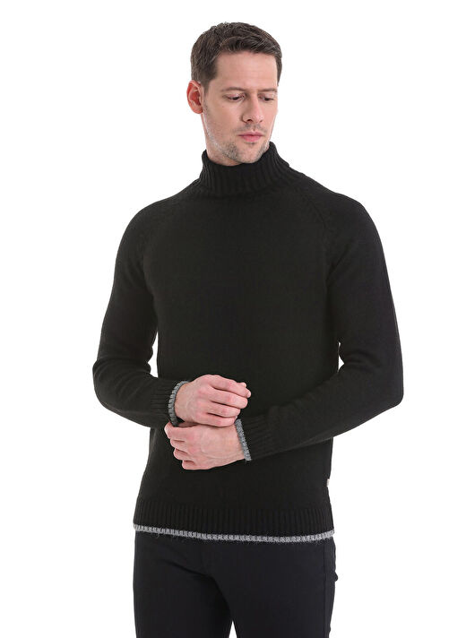 Siyah Regular Fit Düz Balıkçı Yaka Triko Kazak 4