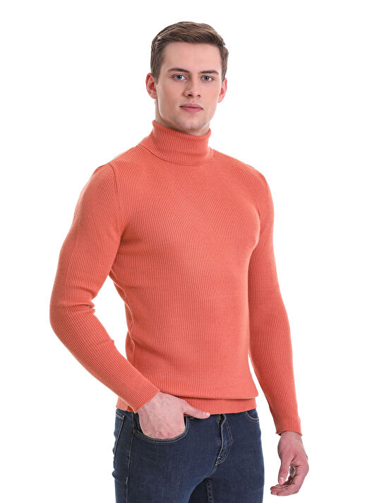 Pembe Slim Fit Fitilli Balıkçı Yaka Yünlü Triko Kazak 1