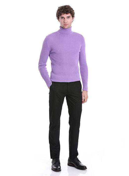 Lila Slim Fit Fitilli Balıkçı Yaka Yünlü Triko Kazak 2