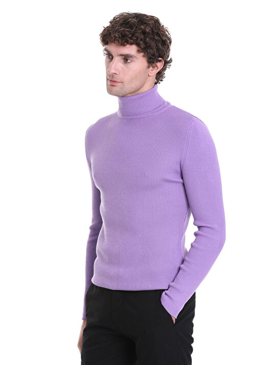 Lila Slim Fit Fitilli Balıkçı Yaka Yünlü Triko Kazak 3