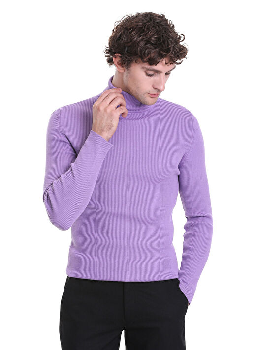 Lila Slim Fit Fitilli Balıkçı Yaka Yünlü Triko Kazak 4