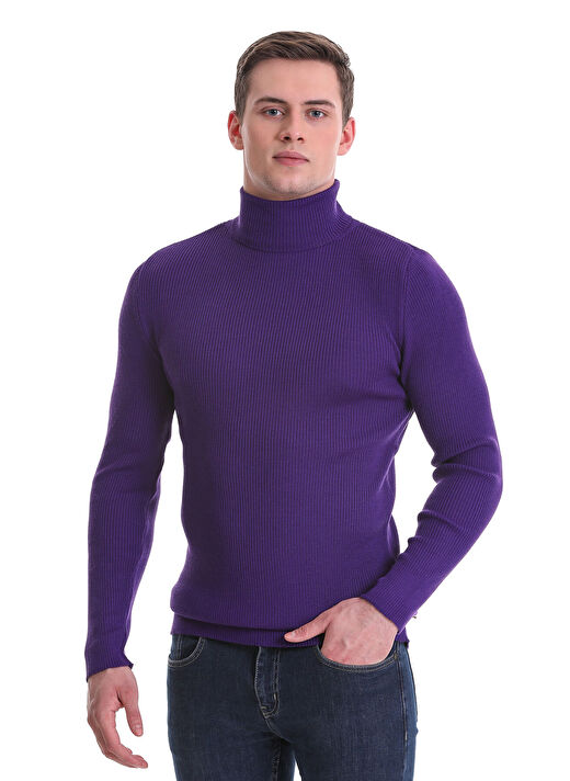 Mor Slim Fit Fitilli Balıkçı Yaka Yünlü Triko Kazak 1