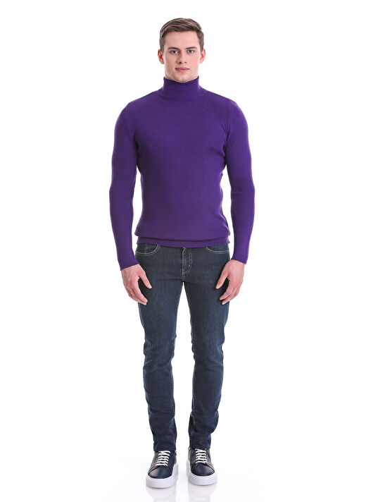 Mor Slim Fit Fitilli Balıkçı Yaka Yünlü Triko Kazak 2