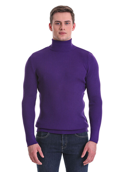 Mor Slim Fit Fitilli Balıkçı Yaka Yünlü Triko Kazak 3