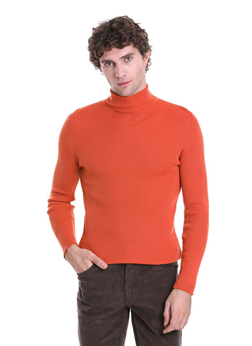 Turuncu Slim Fit Fitilli Balıkçı Yaka Yünlü Triko Kazak 1