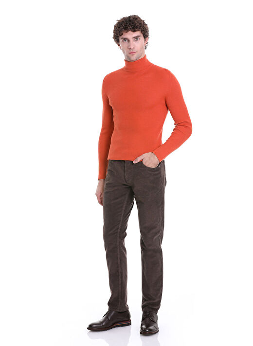 Turuncu Slim Fit Fitilli Balıkçı Yaka Yünlü Triko Kazak 2