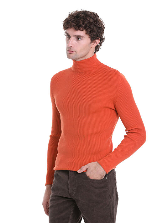Turuncu Slim Fit Fitilli Balıkçı Yaka Yünlü Triko Kazak 3