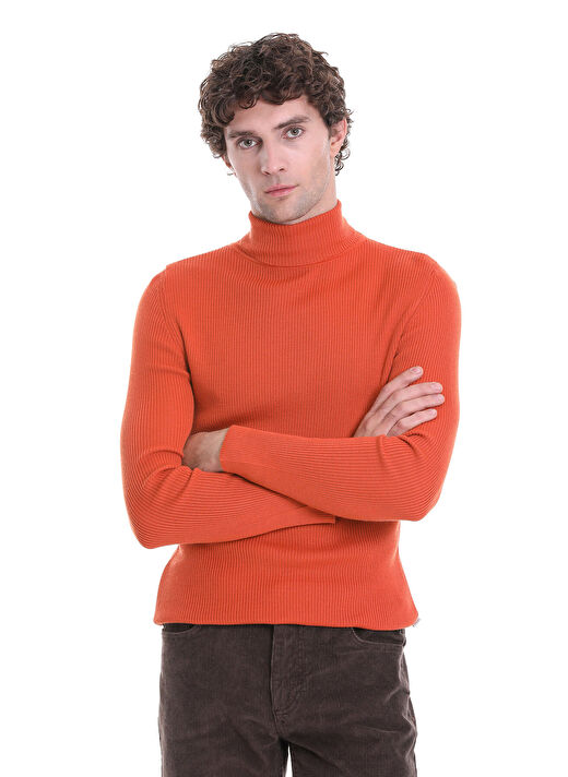 Turuncu Slim Fit Fitilli Balıkçı Yaka Yünlü Triko Kazak 4