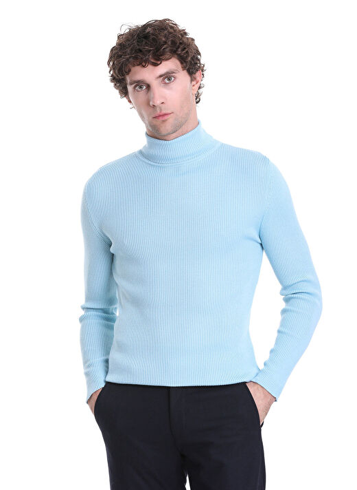 Mavi Slim Fit Fitilli Balıkçı Yaka Yünlü Triko Kazak 1