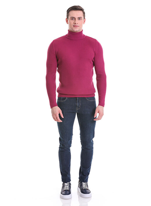 Fuşya Slim Fit Fitilli Balıkçı Yaka Yünlü Triko Kazak 2