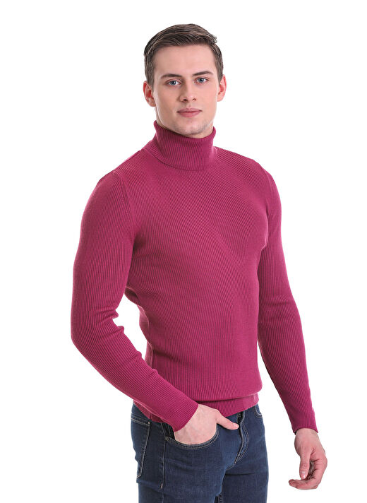 Fuşya Slim Fit Fitilli Balıkçı Yaka Yünlü Triko Kazak 3