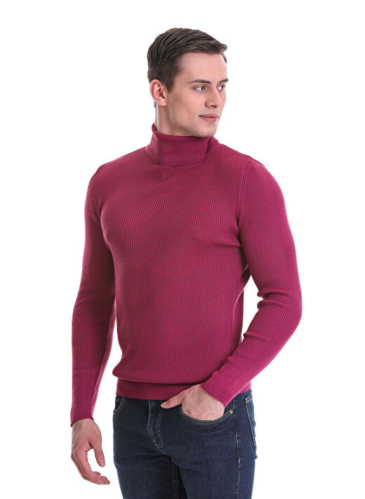 Fuşya Slim Fit Fitilli Balıkçı Yaka Yünlü Triko Kazak 4