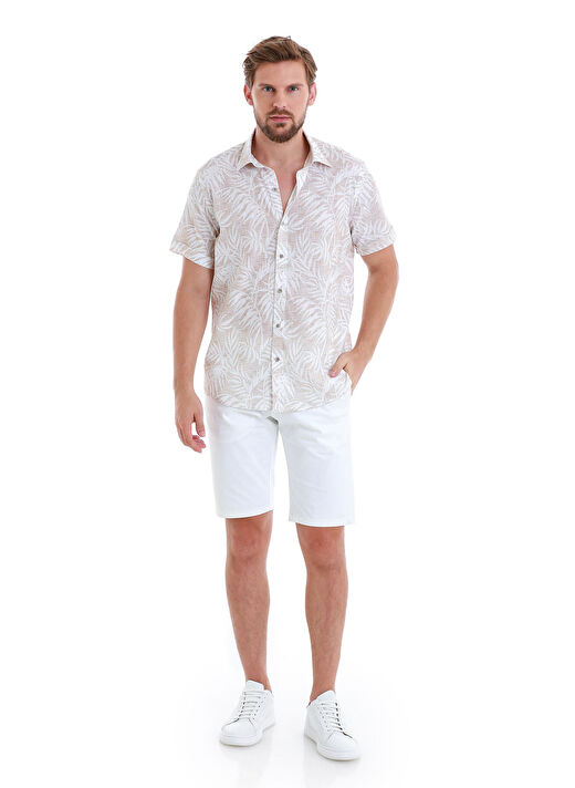 Bej Comfort Fit Baskılı 100% Pamuk Slim Yaka Kısa Kollu Gömlek 2
