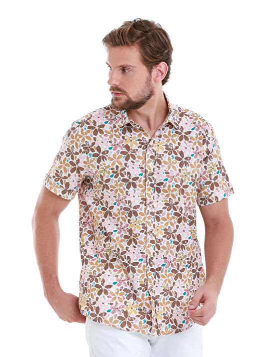Kahverengi Comfort Fit Baskılı 100% Pamuk Slim Yaka Kısa Kollu Gömlek 3