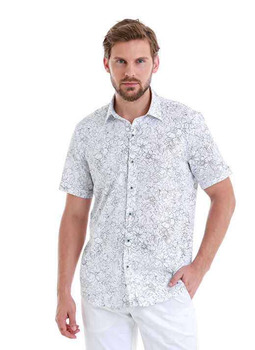 Lacivert Comfort Fit Baskılı 100% Pamuk Slim Yaka Kısa Kollu Gömlek 1