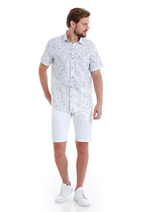 Lacivert Comfort Fit Baskılı 100% Pamuk Slim Yaka Kısa Kollu Gömlek 2