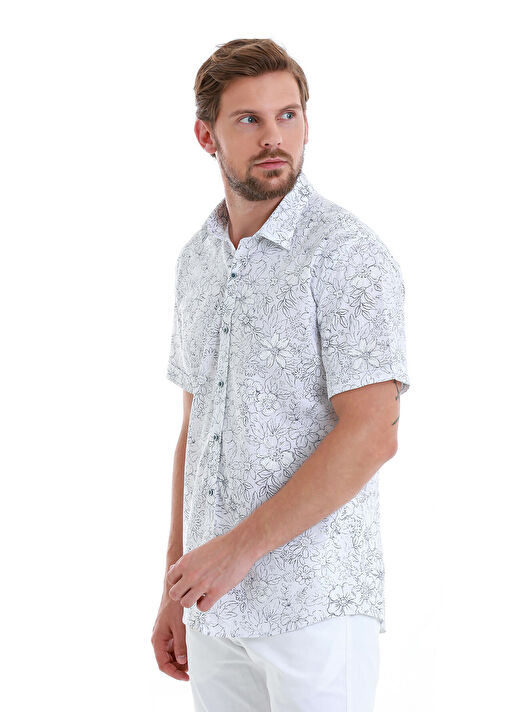 Lacivert Comfort Fit Baskılı 100% Pamuk Slim Yaka Kısa Kollu Gömlek 3