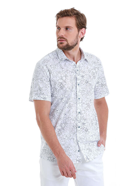 Lacivert Comfort Fit Baskılı 100% Pamuk Slim Yaka Kısa Kollu Gömlek 4