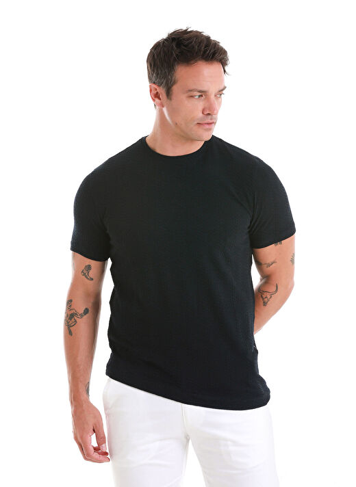 Lacivert Regular Fit Jakarlı Bisiklet Yaka Tişört 4