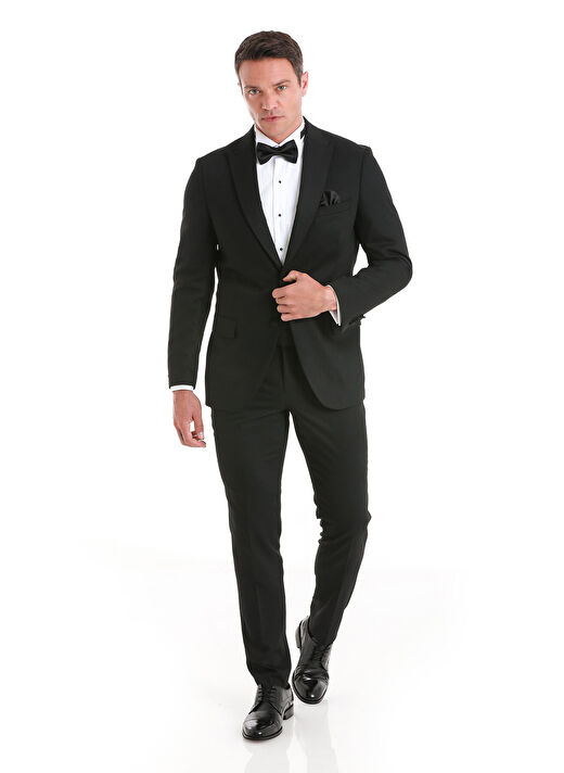 Siyah Slim Fit Desenli Çıkma Sivri Yaka Klasik Damatlık 1