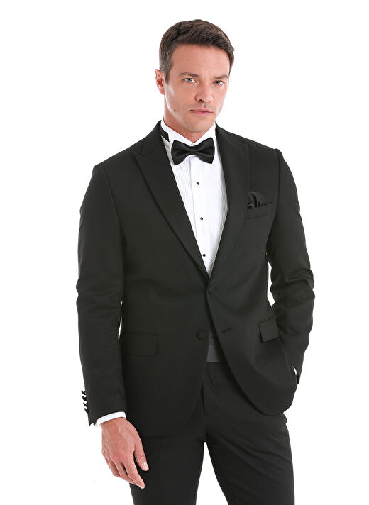 Siyah Slim Fit Desenli Çıkma Sivri Yaka Klasik Damatlık 2