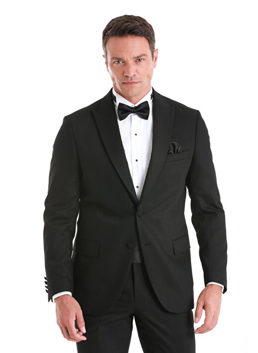 Siyah Slim Fit Desenli Çıkma Sivri Yaka Klasik Damatlık 3