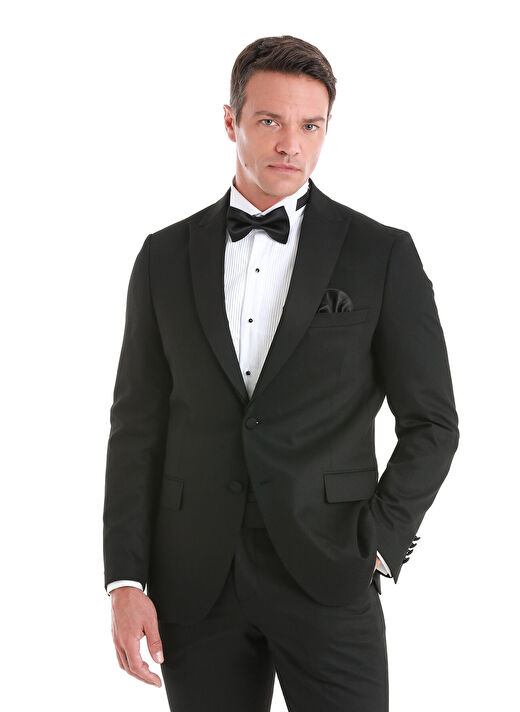 Siyah Slim Fit Desenli Çıkma Sivri Yaka Klasik Damatlık 4