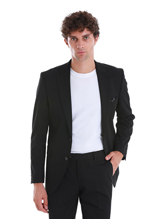 Siyah Slim Fit Düz Mono Yaka Klasik Takım Elbise 2