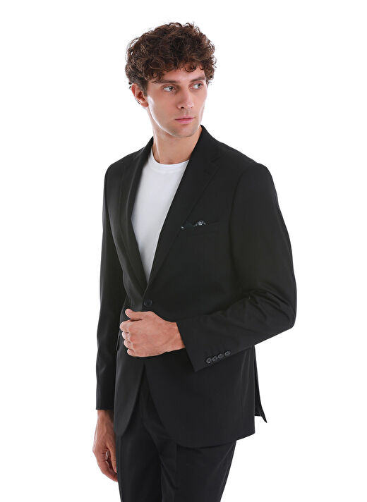 Siyah Slim Fit Düz Mono Yaka Klasik Takım Elbise 3