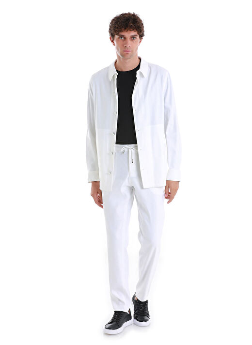 Beyaz Regular Fit Düz Mono Yaka Keten Overshirt Spor Takım 1