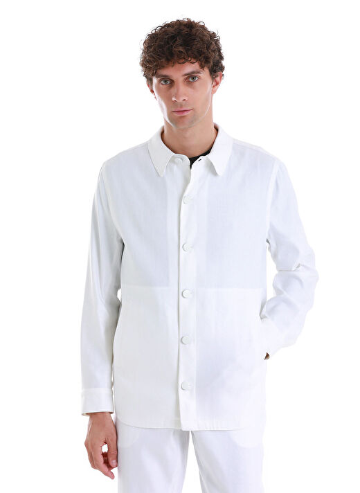 Beyaz Regular Fit Düz Mono Yaka Keten Overshirt Spor Takım 2