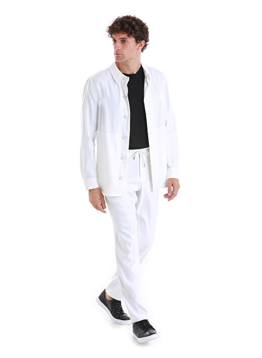 Beyaz Regular Fit Düz Mono Yaka Keten Overshirt Spor Takım 3