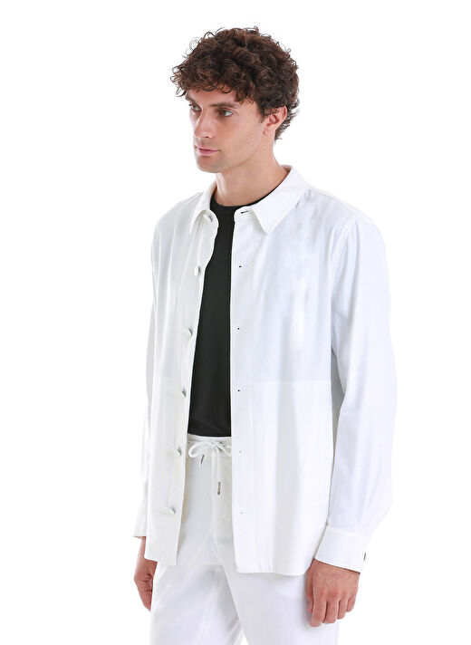 Beyaz Regular Fit Düz Mono Yaka Keten Overshirt Spor Takım 4