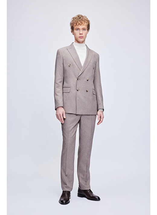 Kahverengi Slim Fit Çizgili Kruvaze Klasik Takım Elbise 1