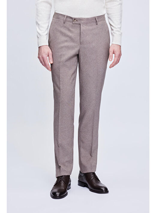 Kahverengi Slim Fit Çizgili Kruvaze Klasik Takım Elbise 3