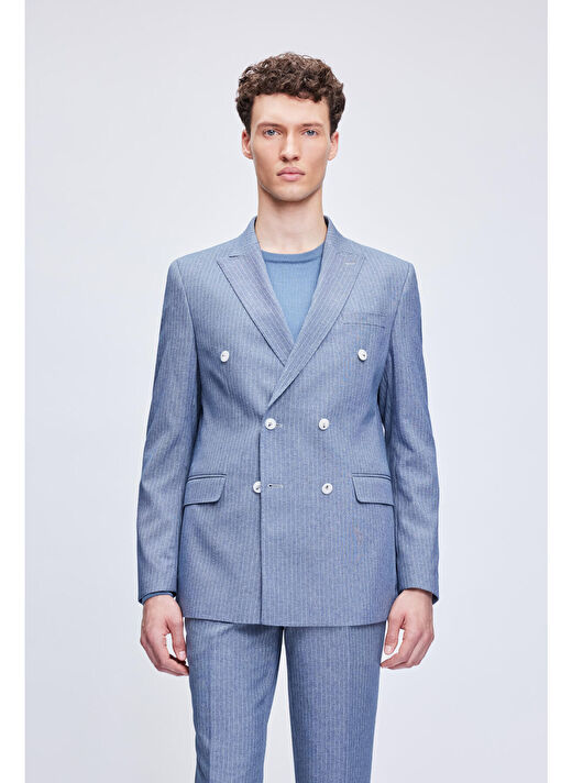 Mavi Slim Fit Çizgili Kruvaze Klasik Takım Elbise 2