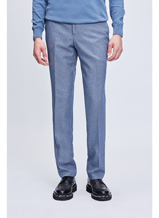 Mavi Slim Fit Çizgili Kruvaze Klasik Takım Elbise 3
