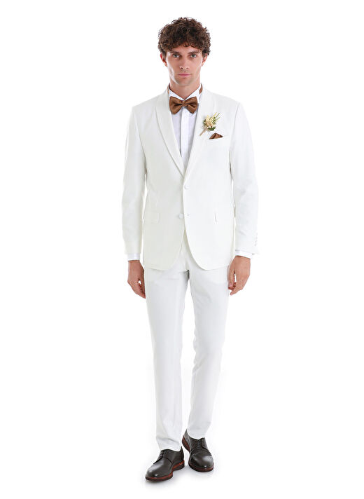Beyaz Slim Fit Düz Çıkma Şal Yaka Damatlık 1