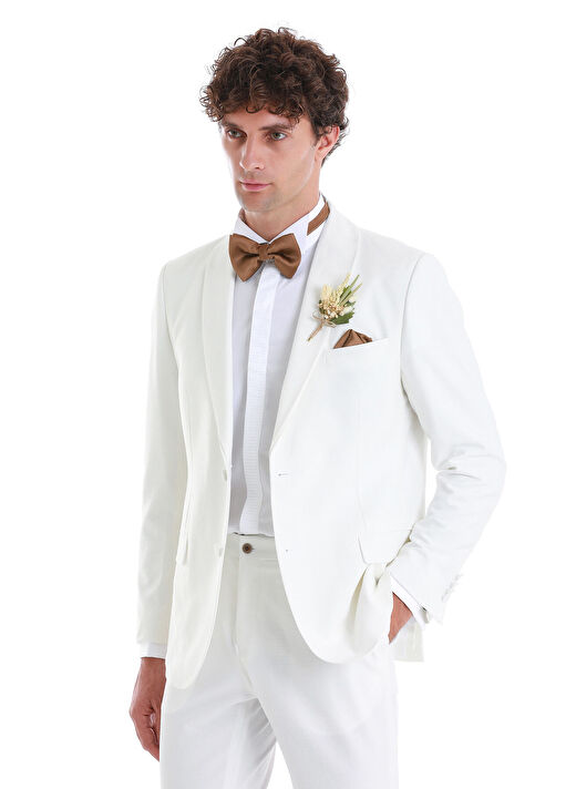 Beyaz Slim Fit Düz Çıkma Şal Yaka Damatlık 2