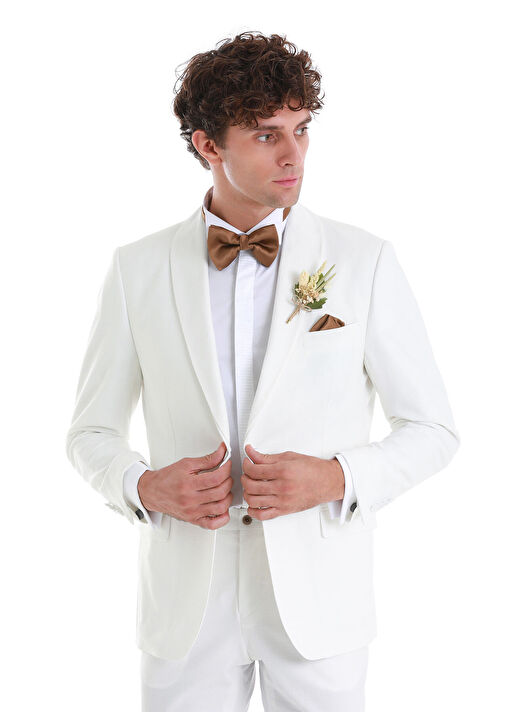 Beyaz Slim Fit Düz Çıkma Şal Yaka Damatlık 3