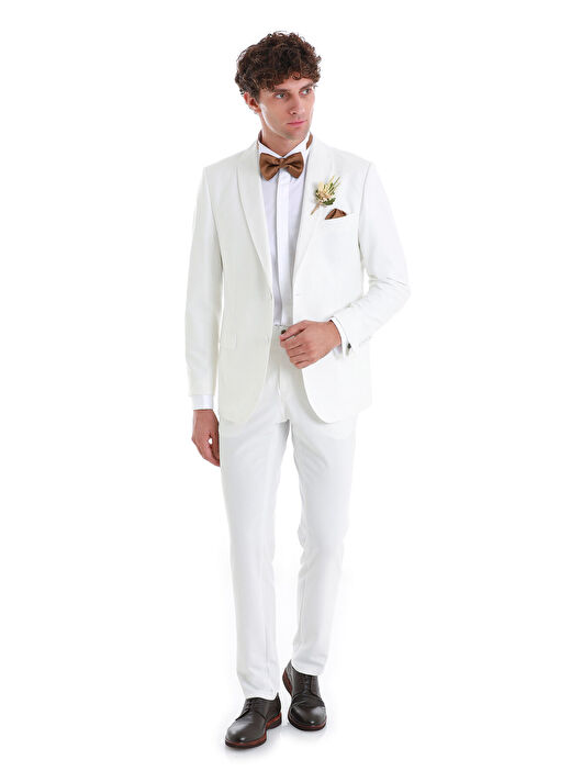 Beyaz Slim Fit Düz Çıkma Şal Yaka Damatlık 4