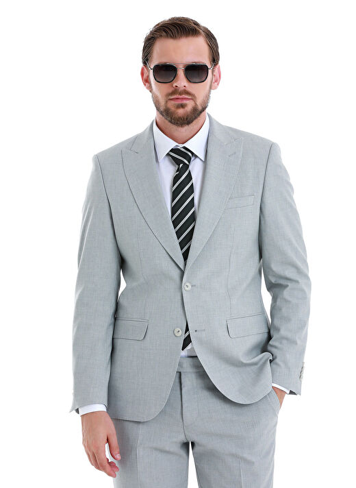 Gri Slim Fit Çizgili Sivri Yaka Klasik Takım Elbise 2