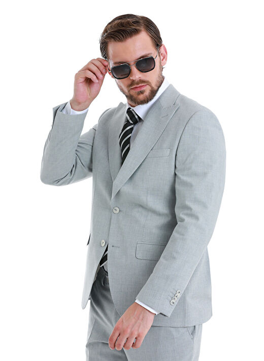 Gri Slim Fit Çizgili Sivri Yaka Klasik Takım Elbise 3